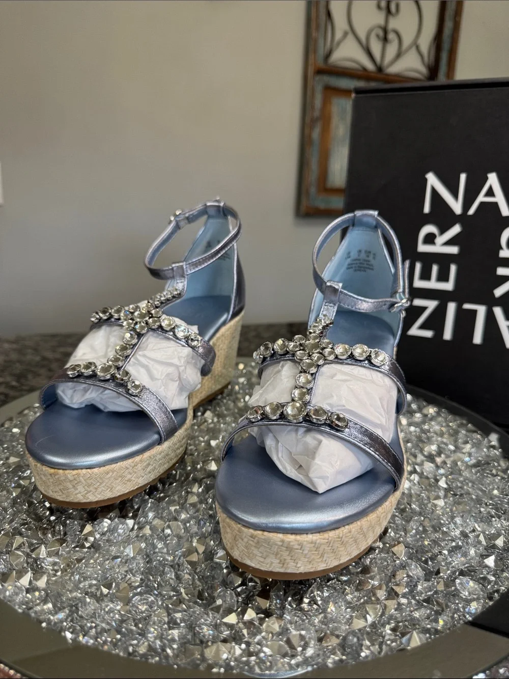 Naturalizer Serena Metallic blue Silver Jeweled Wedge Sandals NEW 8.5